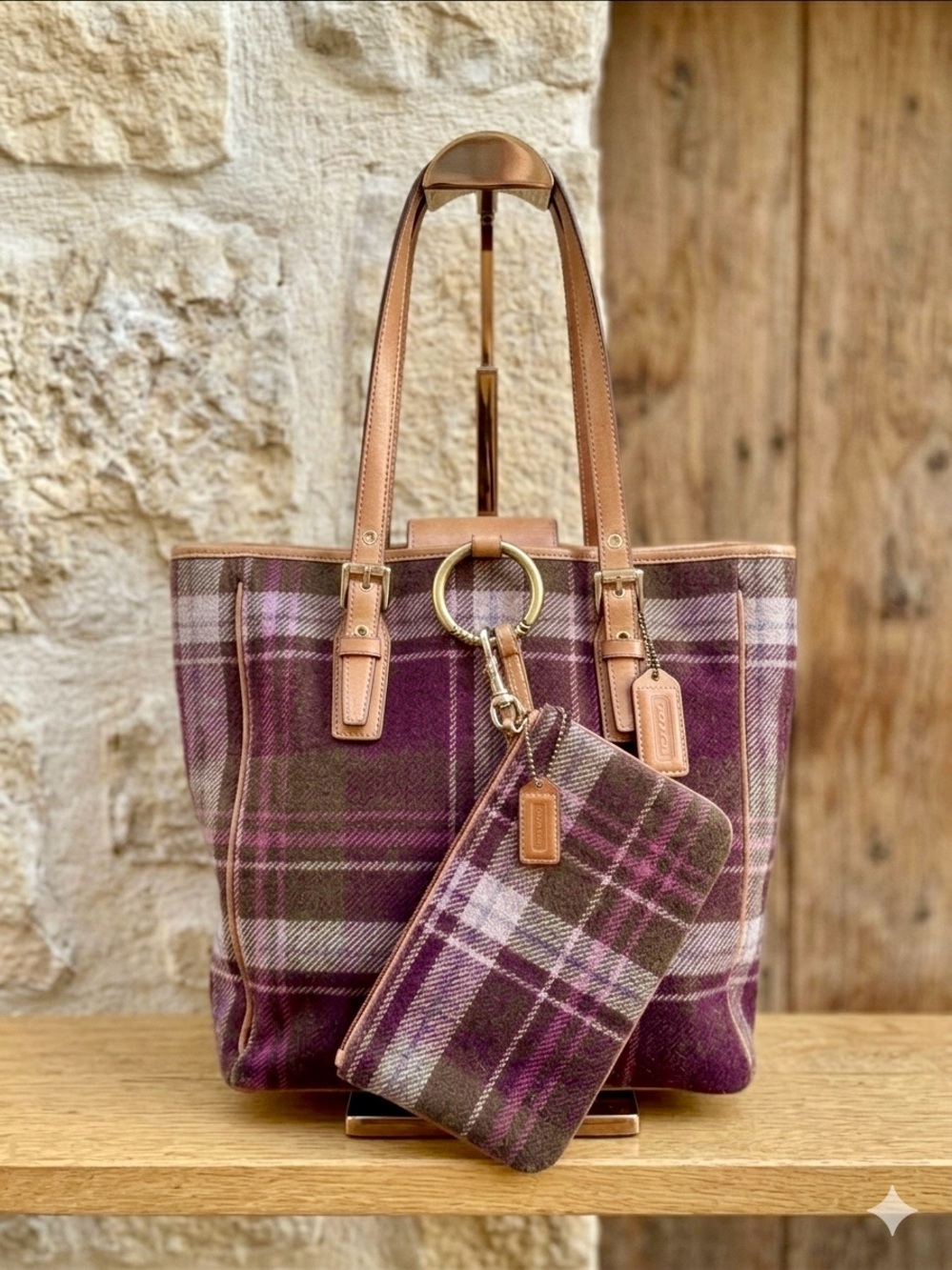 Vintage Coach Hampton Tartan Wool Tote Bag & Wristlet Set Purple Plaid EUC